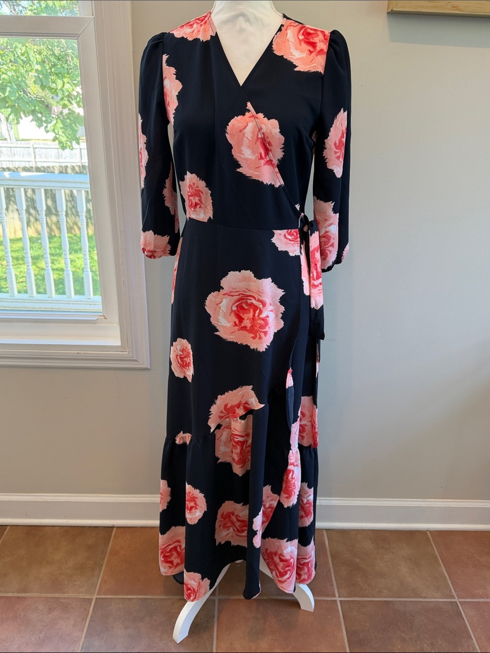 Bar III Navy Maxi Wrap Dress with Pink Floral Print